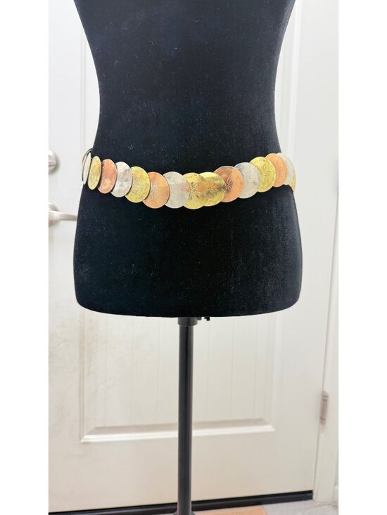 Vintage Tri‑Tone Metal Disc Belt Gold,Silver&Copper Engraved Western Style Sz7 main image 4